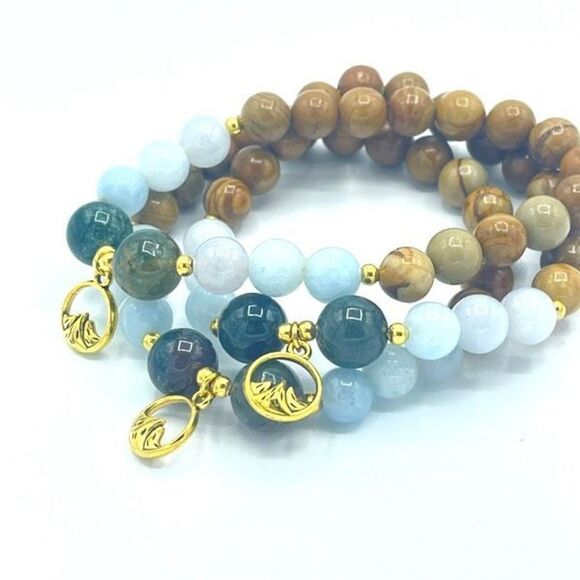 Mountain ocean jasper aquamarine wood grain stone beaded stretch bracelet ONE NE - Picture 1 of 8
